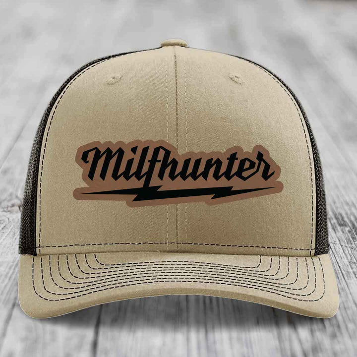Milfhunter - Leather Patch Hat - Dark Brown to Black Patch - Richardson 112 Snapback Trucker Hat