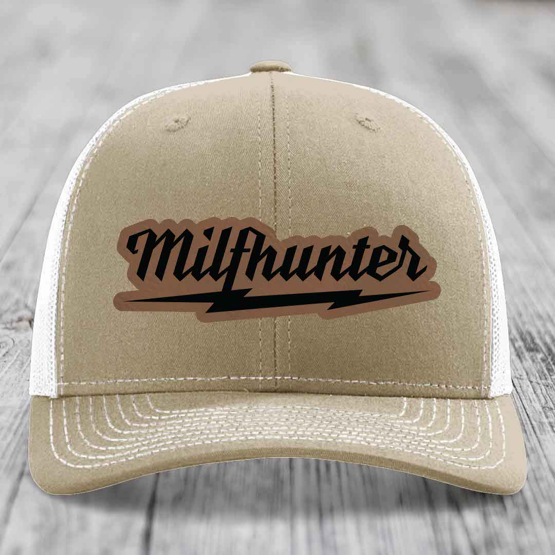 Milfhunter - Leather Patch Hat - Dark Brown to Black Patch - Richardson 112 Snapback Trucker Hat