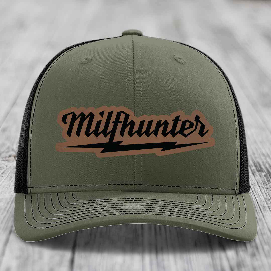 Milfhunter - Leather Patch Hat - Dark Brown to Black Patch - Richardson 112 Snapback Trucker Hat