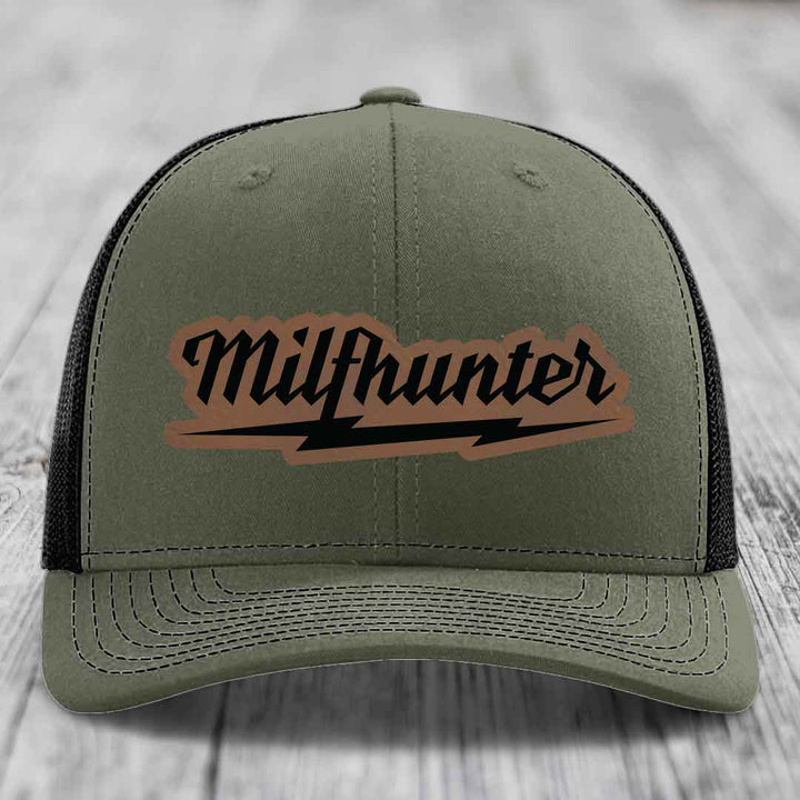 Milfhunter - Leather Patch Hat - Dark Brown to Black Patch - Richardson 112 Snapback Trucker Hat