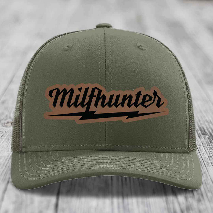 Milfhunter - Leather Patch Hat - Dark Brown to Black Patch - Richardson 112 Snapback Trucker Hat