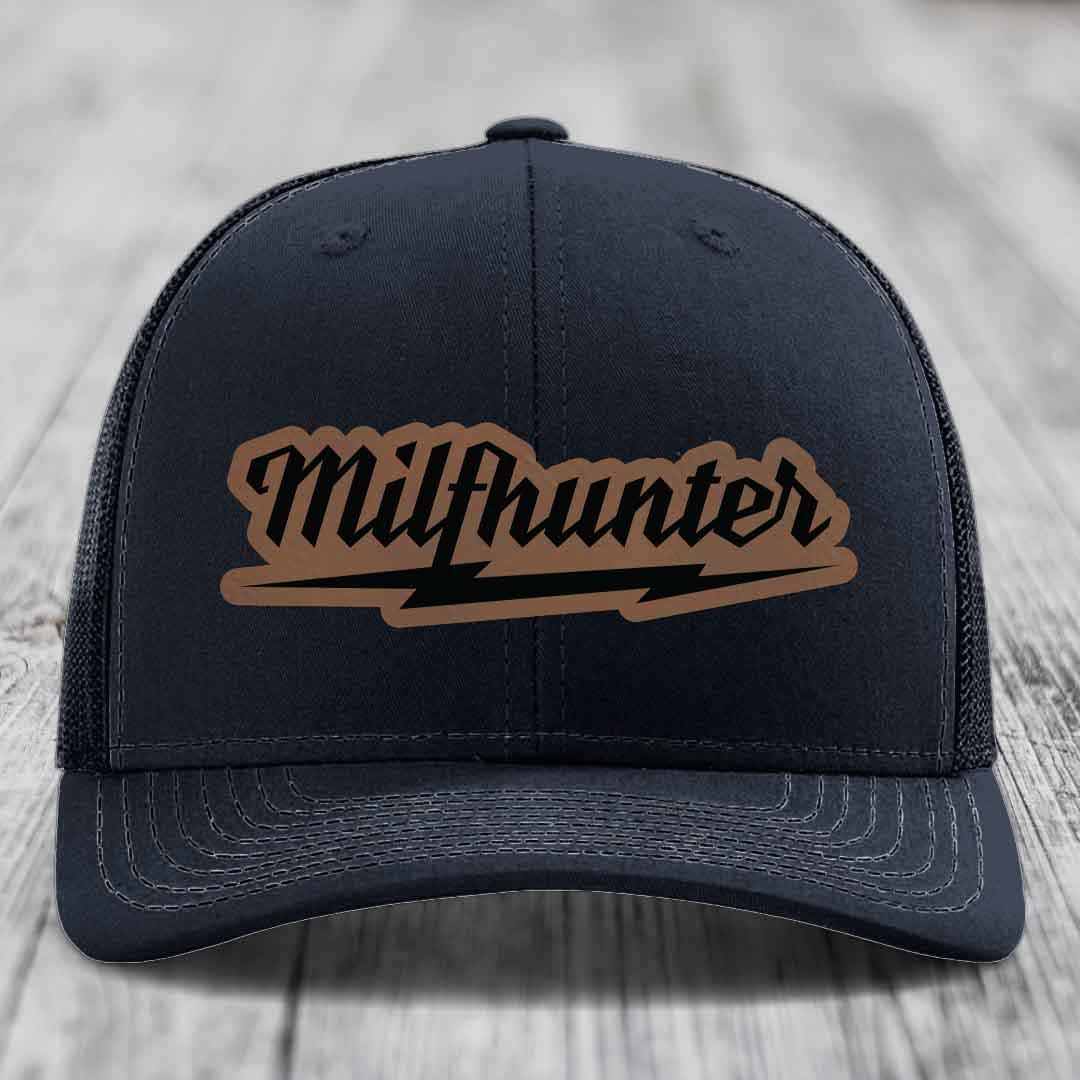 Milfhunter - Leather Patch Hat - Dark Brown to Black Patch - Richardson 112 Snapback Trucker Hat