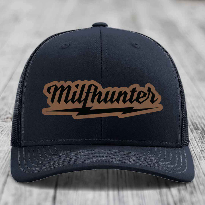 Milfhunter - Leather Patch Hat - Dark Brown to Black Patch - Richardson 112 Snapback Trucker Hat