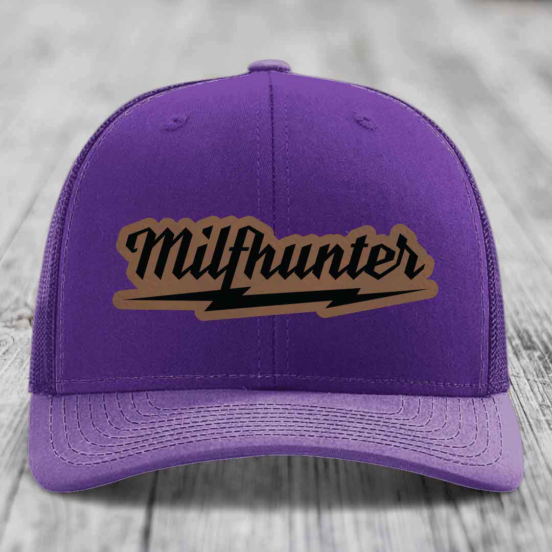 Milfhunter - Leather Patch Hat - Dark Brown to Black Patch - Richardson 112 Snapback Trucker Hat