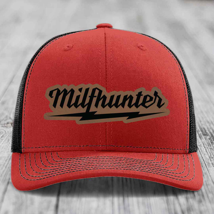 Milfhunter - Leather Patch Hat - Dark Brown to Black Patch - Richardson 112 Snapback Trucker Hat