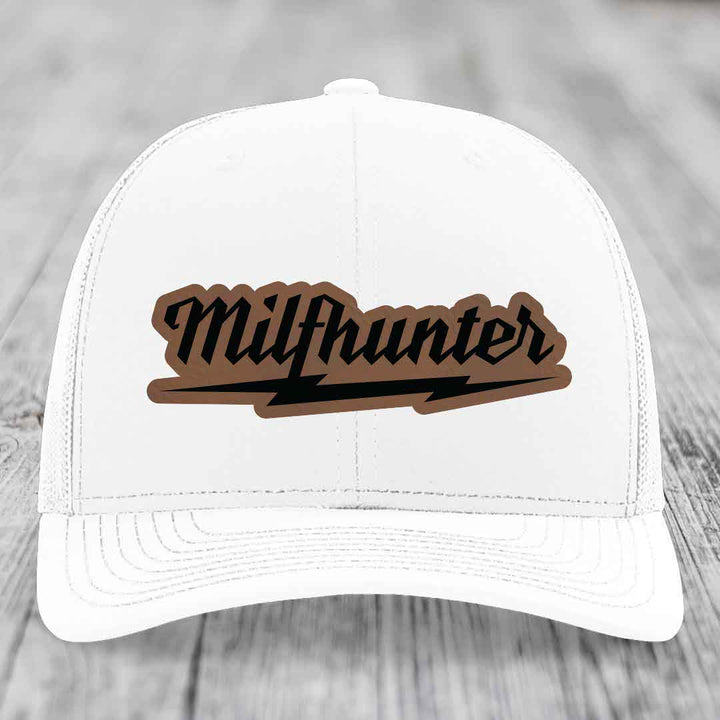 Milfhunter - Leather Patch Hat - Dark Brown to Black Patch - Richardson 112 Snapback Trucker Hat