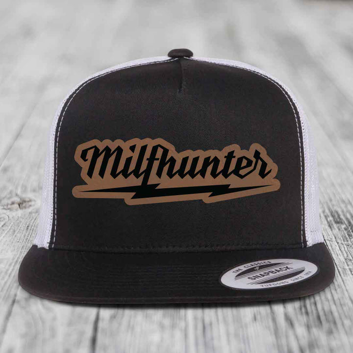 Milfhunter - Leather Patch Hat - Dark Brown to Black Patch - Yupoong 6006 Snapback Flatbill Hat