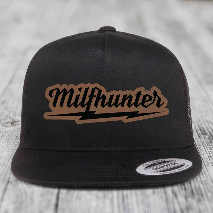 Milfhunter - Leather Patch Hat - Dark Brown to Black Patch - Yupoong 6006 Snapback Flatbill Hat
