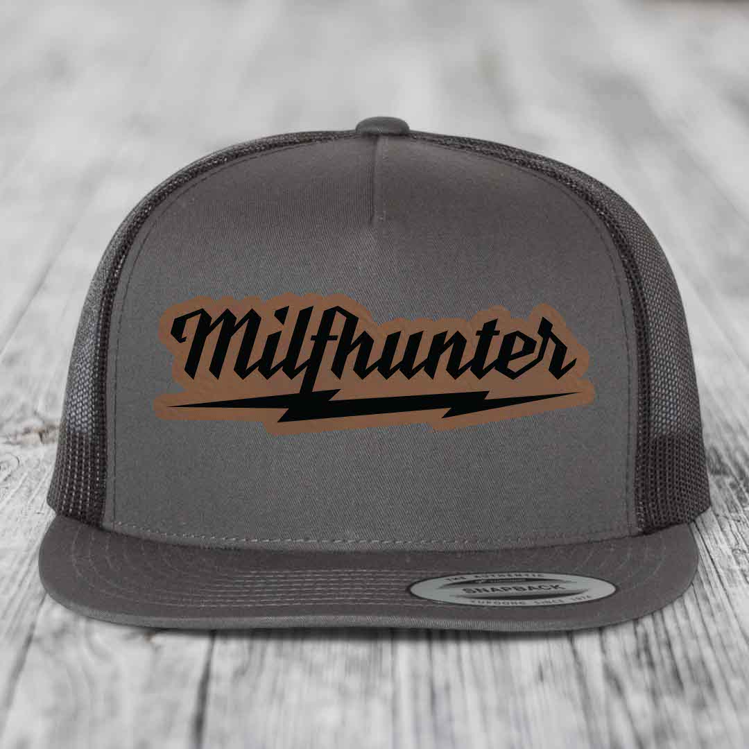 Milfhunter - Leather Patch Hat - Dark Brown to Black Patch - Yupoong 6006 Snapback Flatbill Hat