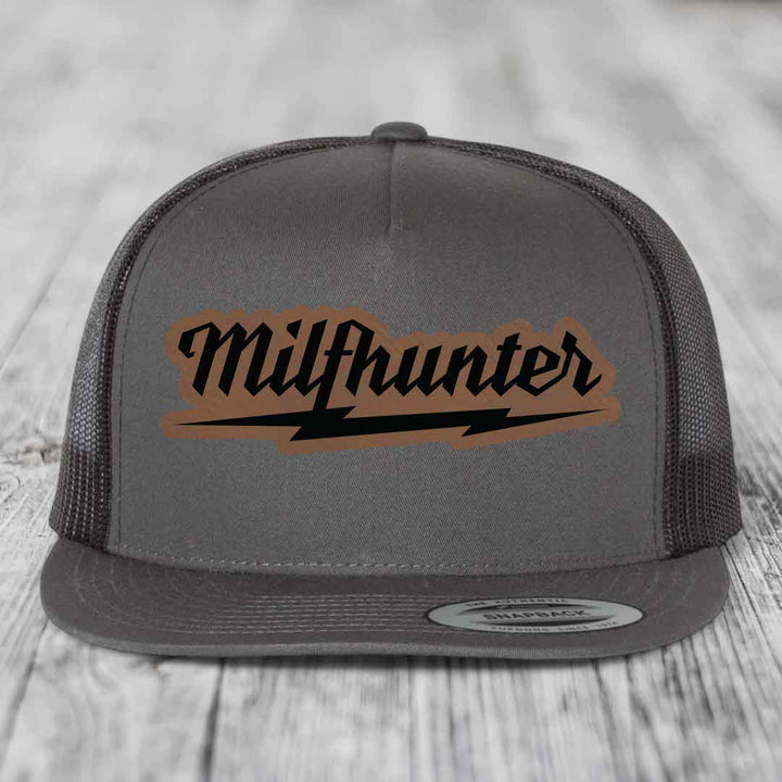 Milfhunter - Leather Patch Hat - Dark Brown to Black Patch - Yupoong 6006 Snapback Flatbill Hat
