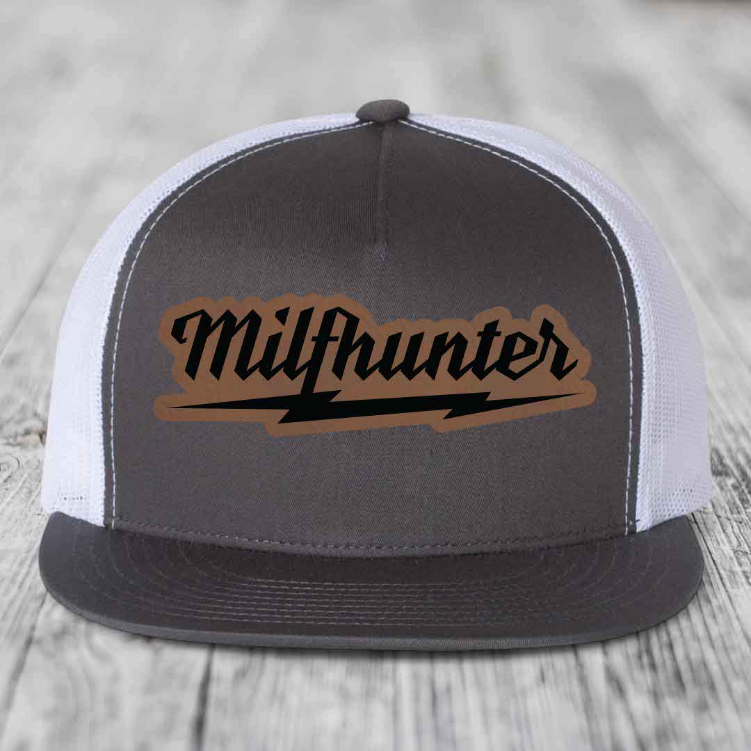 Milfhunter - Leather Patch Hat - Dark Brown to Black Patch - Yupoong 6006 Snapback Flatbill Hat