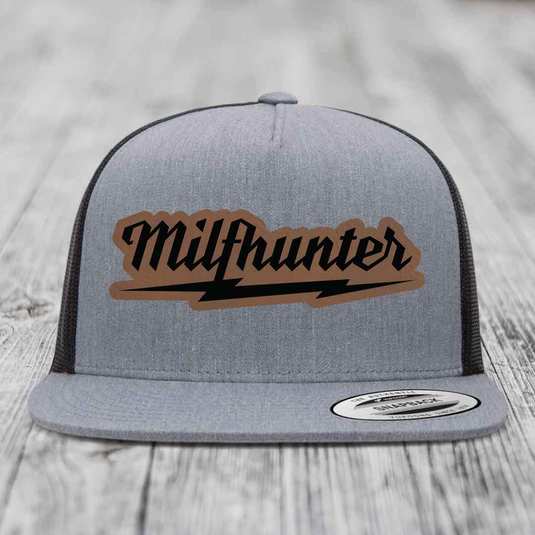 Milfhunter - Leather Patch Hat - Dark Brown to Black Patch - Yupoong 6006 Snapback Flatbill Hat