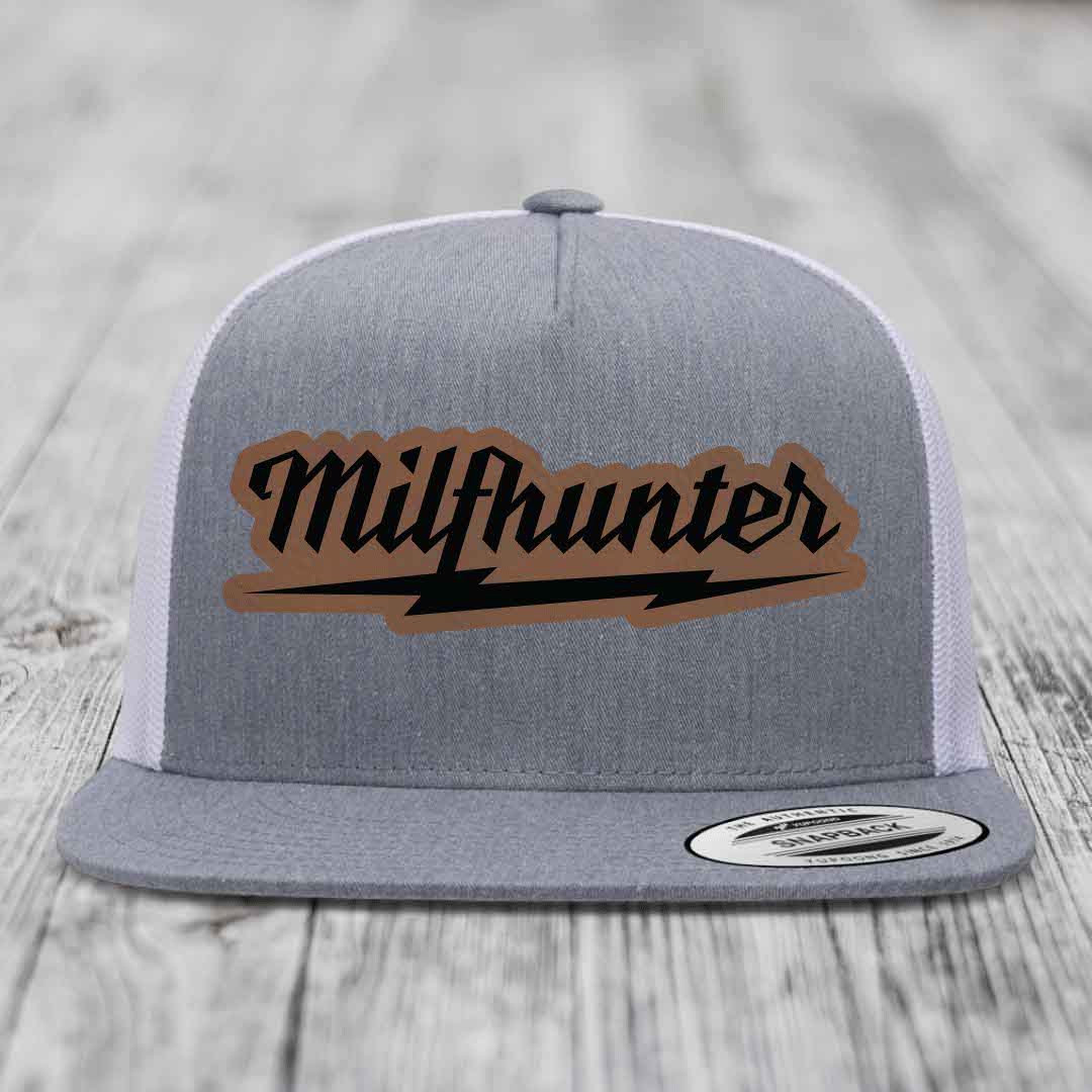 Milfhunter - Leather Patch Hat - Dark Brown to Black Patch - Yupoong 6006 Snapback Flatbill Hat