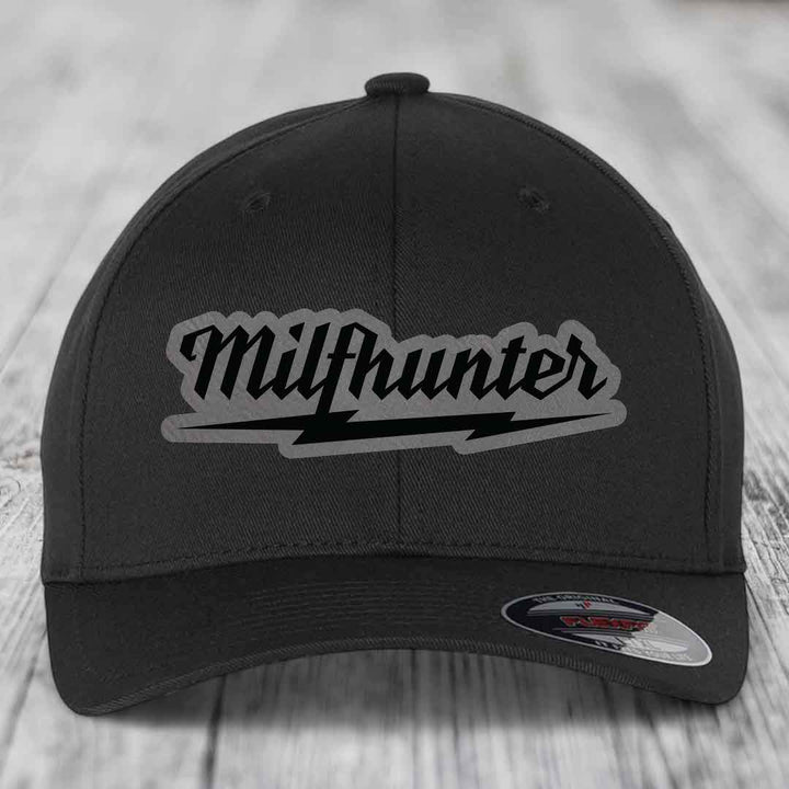 Milfhunter - Leather Patch Hat - Grey to Black Patch - Flexfit 6277 Fitted Hat