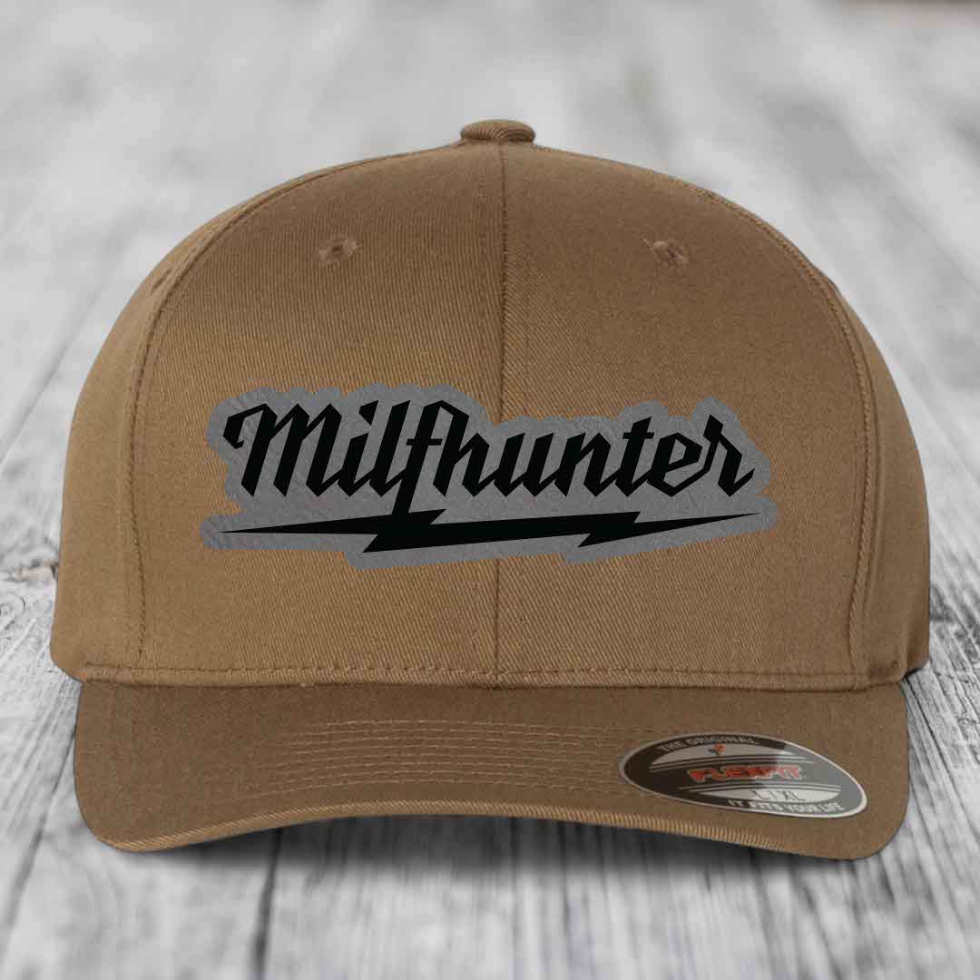 Milfhunter - Leather Patch Hat - Grey to Black Patch - Flexfit 6277 Fitted Hat