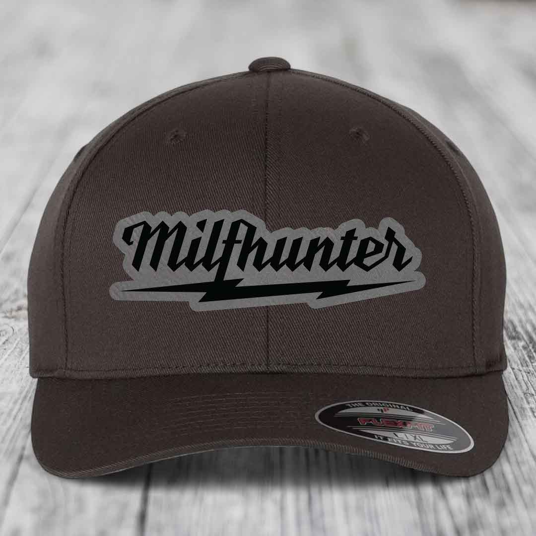 Milfhunter - Leather Patch Hat - Grey to Black Patch - Flexfit 6277 Fitted Hat