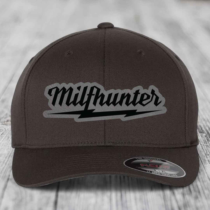 Milfhunter - Leather Patch Hat - Grey to Black Patch - Flexfit 6277 Fitted Hat