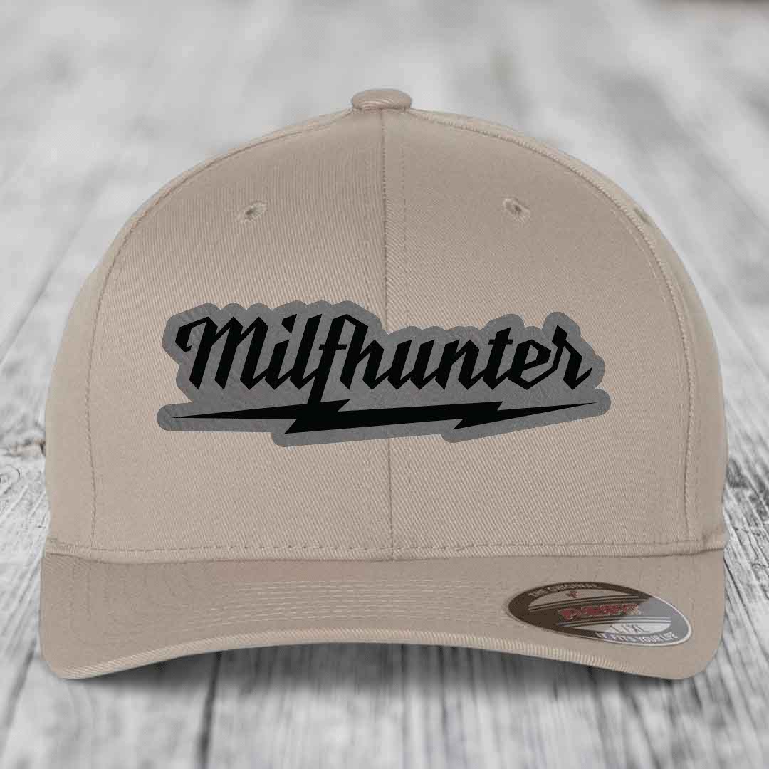Milfhunter - Leather Patch Hat - Grey to Black Patch - Flexfit 6277 Fitted Hat
