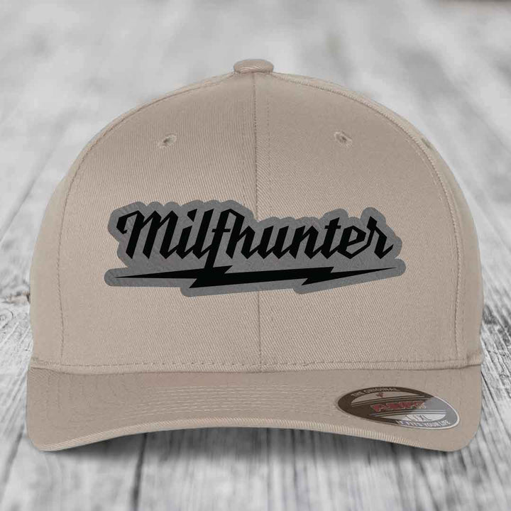 Milfhunter - Leather Patch Hat - Grey to Black Patch - Flexfit 6277 Fitted Hat