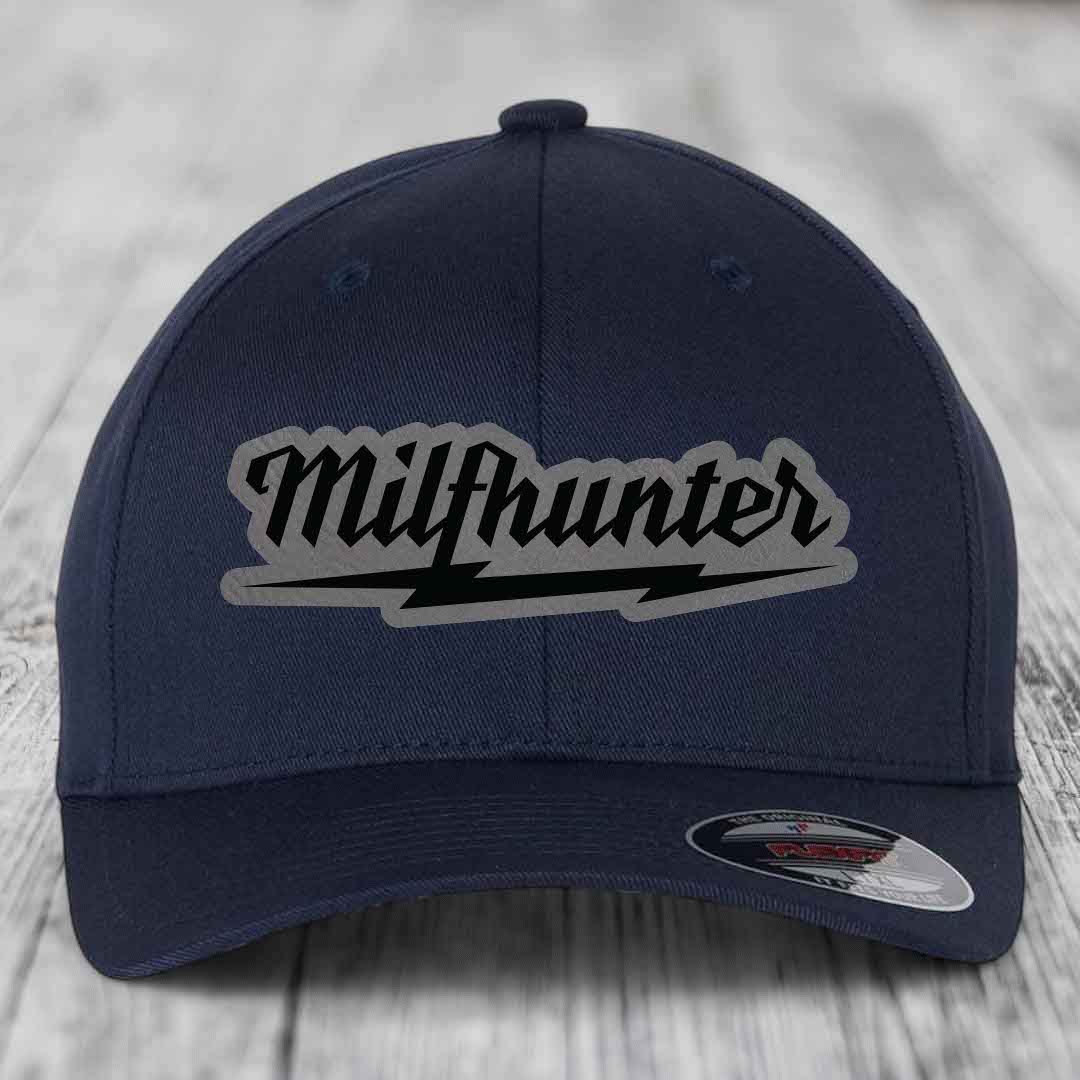 Milfhunter - Leather Patch Hat - Grey to Black Patch - Flexfit 6277 Fitted Hat