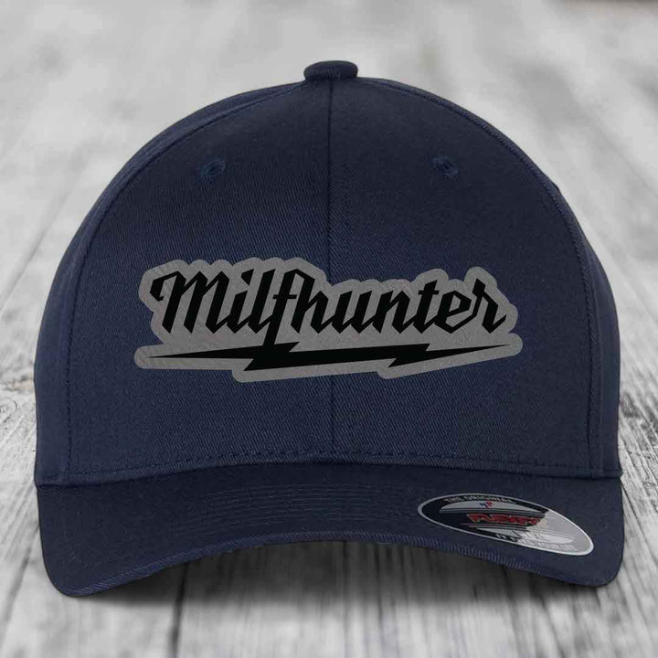 Milfhunter - Leather Patch Hat - Grey to Black Patch - Flexfit 6277 Fitted Hat