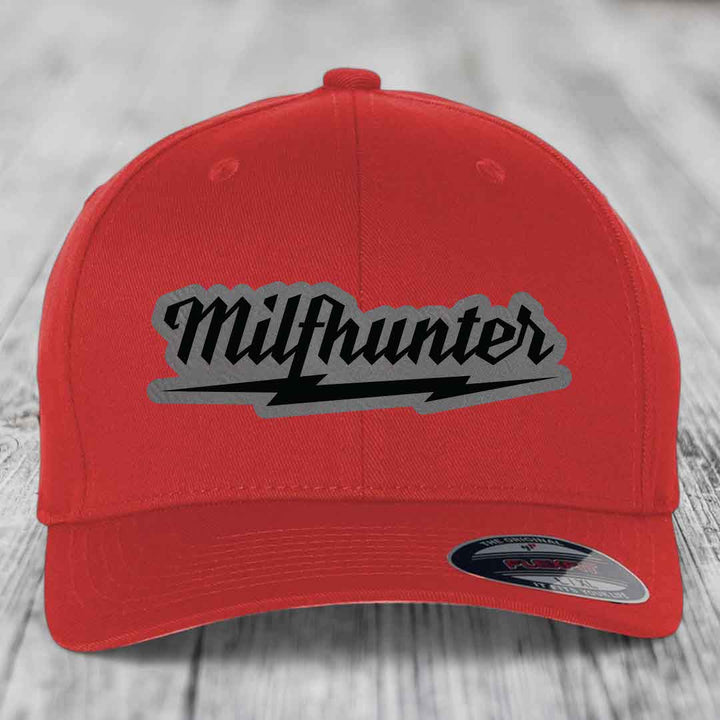 Milfhunter - Leather Patch Hat - Grey to Black Patch - Flexfit 6277 Fitted Hat