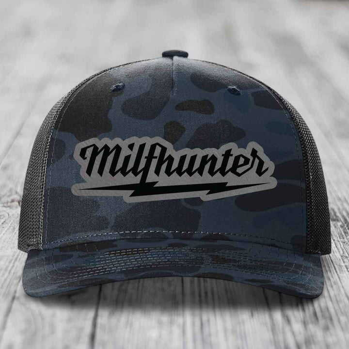 Milfhunter - Leather Patch Hat - Grey to Black Patch - Richardson 112PFP Snapback Trucker Hat