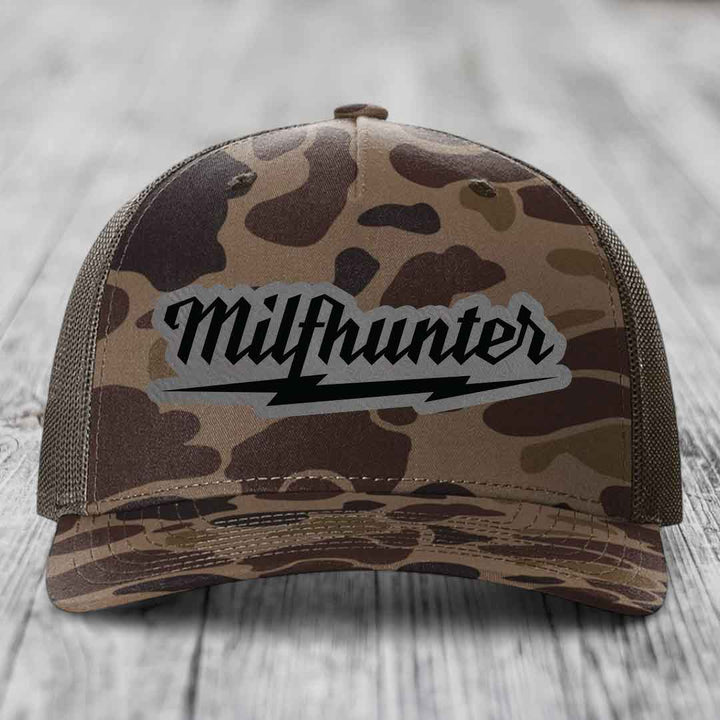 Milfhunter - Leather Patch Hat - Grey to Black Patch - Richardson 112PFP Snapback Trucker Hat