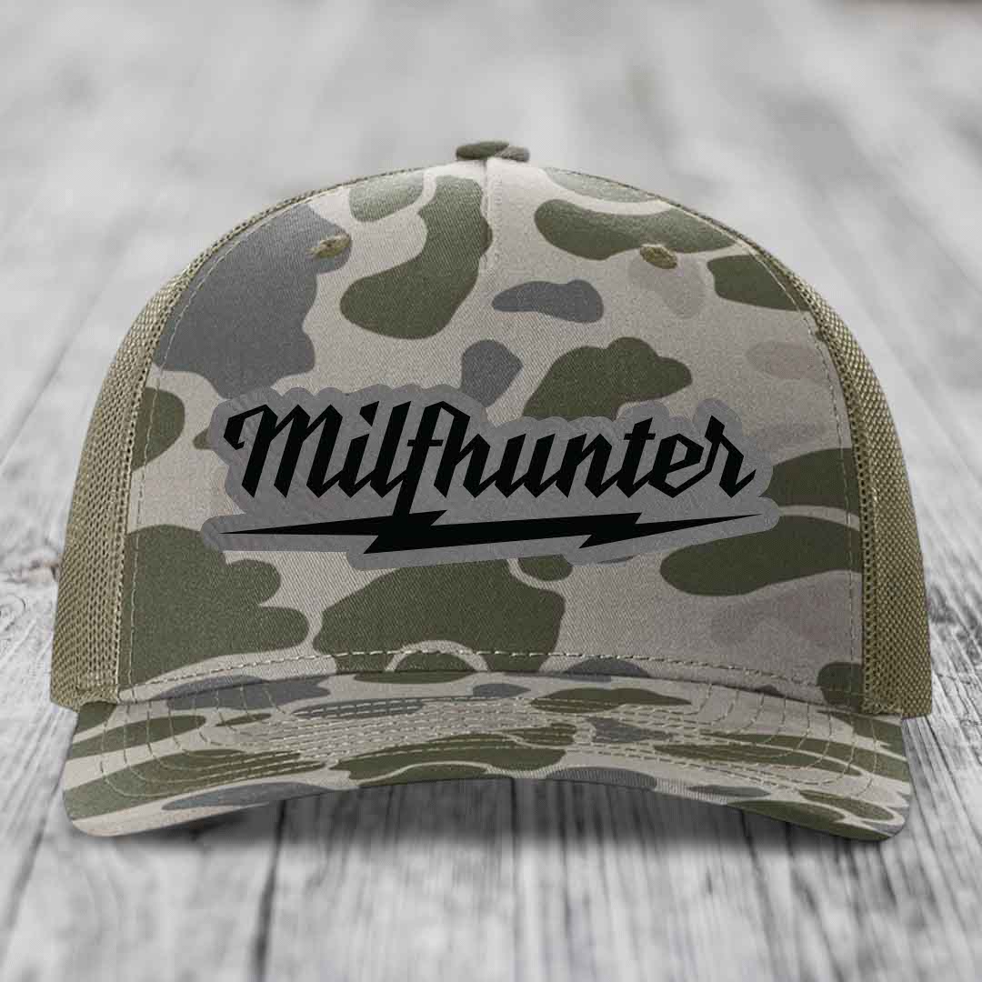 Milfhunter - Leather Patch Hat - Grey to Black Patch - Richardson 112PFP Snapback Trucker Hat