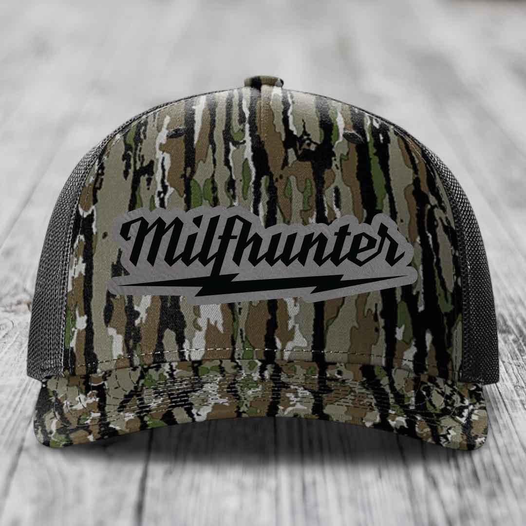 Milfhunter - Leather Patch Hat - Grey to Black Patch - Richardson 112PFP Snapback Trucker Hat