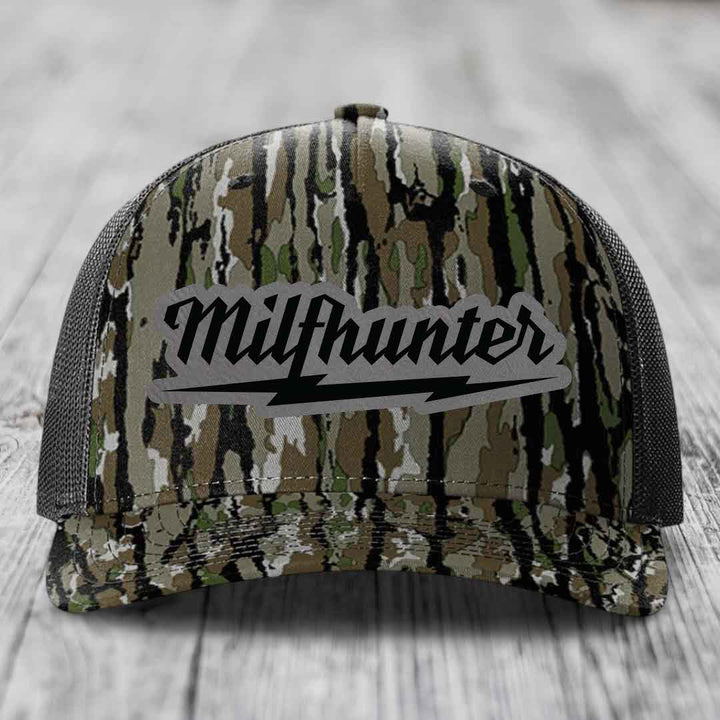 Milfhunter - Leather Patch Hat - Grey to Black Patch - Richardson 112PFP Snapback Trucker Hat