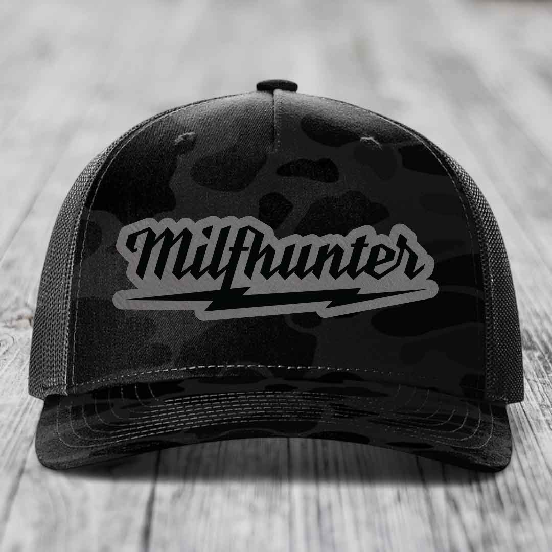 Milfhunter - Leather Patch Hat - Grey to Black Patch - Richardson 112PFP Snapback Trucker Hat
