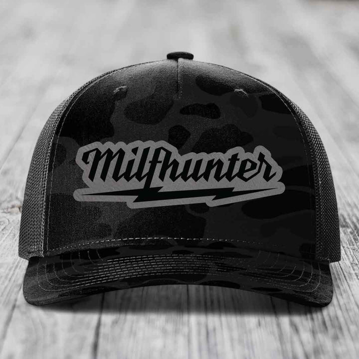 Milfhunter - Leather Patch Hat - Grey to Black Patch - Richardson 112PFP Snapback Trucker Hat