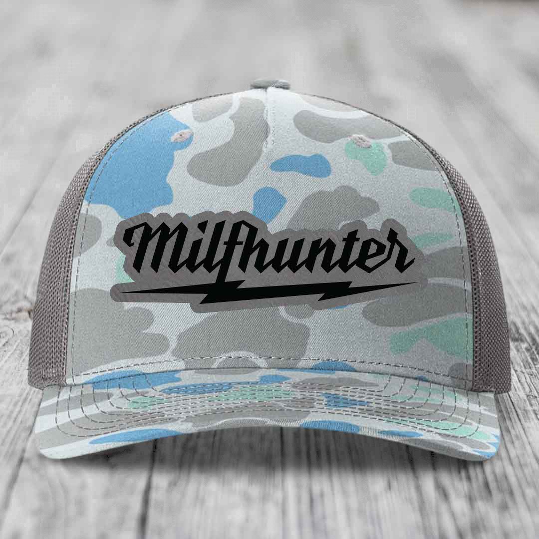 Milfhunter - Leather Patch Hat - Grey to Black Patch - Richardson 112PFP Snapback Trucker Hat