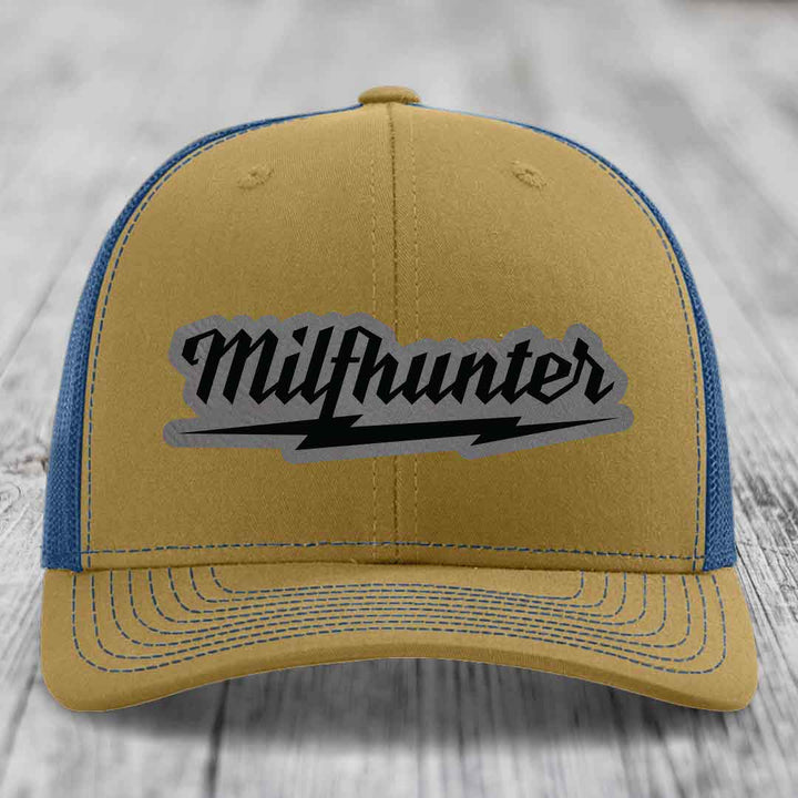 Milfhunter - Leather Patch Hat - Grey to Black Patch - Richardson 112 Snapback Trucker Hat