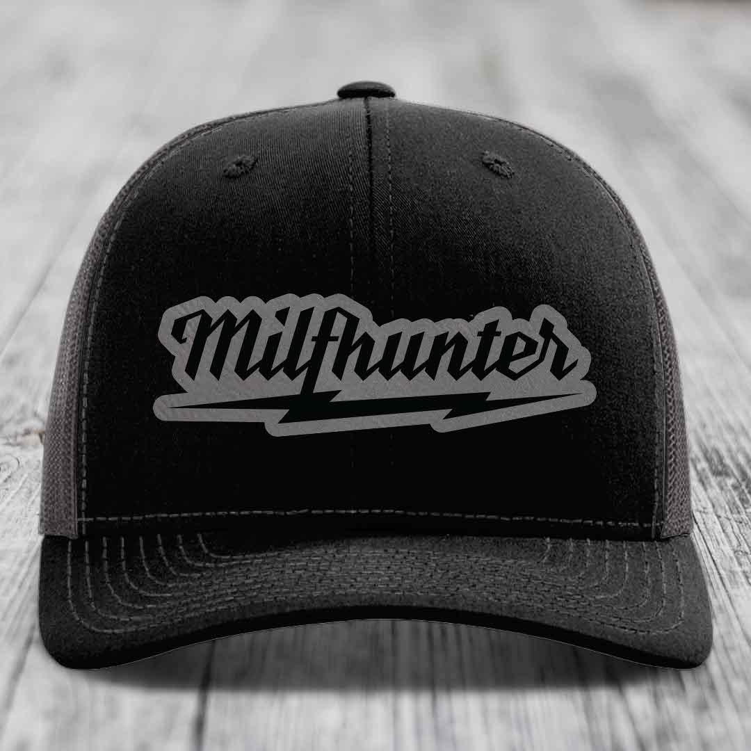 Milfhunter - Leather Patch Hat - Grey to Black Patch - Richardson 112 Snapback Trucker Hat