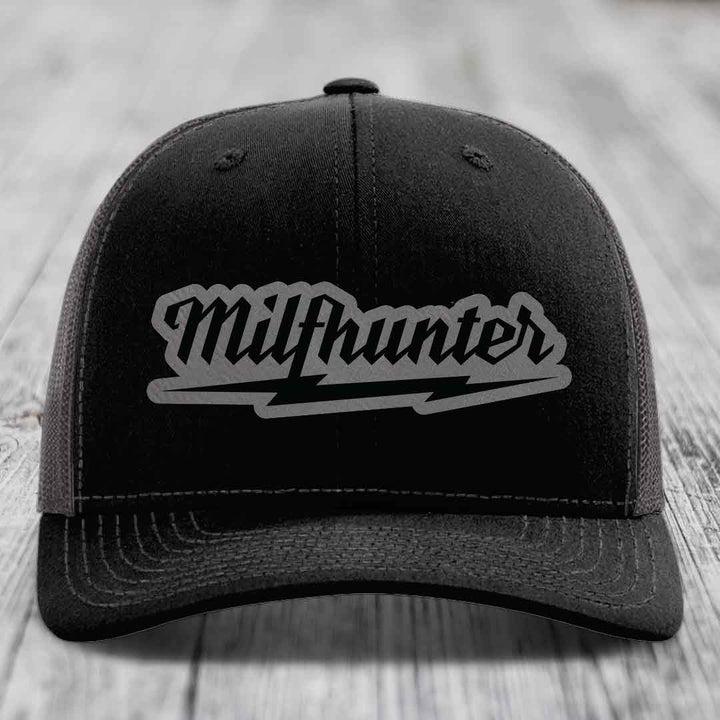 Milfhunter - Leather Patch Hat - Grey to Black Patch - Richardson 112 Snapback Trucker Hat