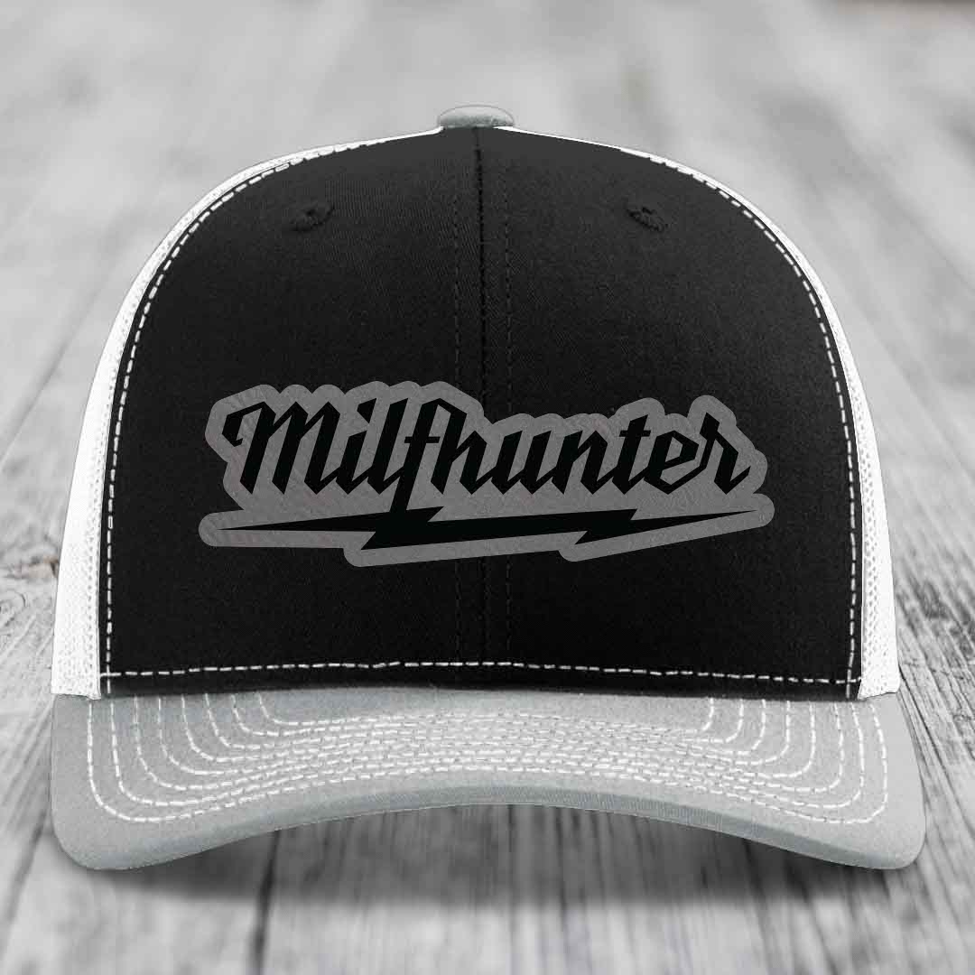 Milfhunter - Leather Patch Hat - Grey to Black Patch - Richardson 112 Snapback Trucker Hat