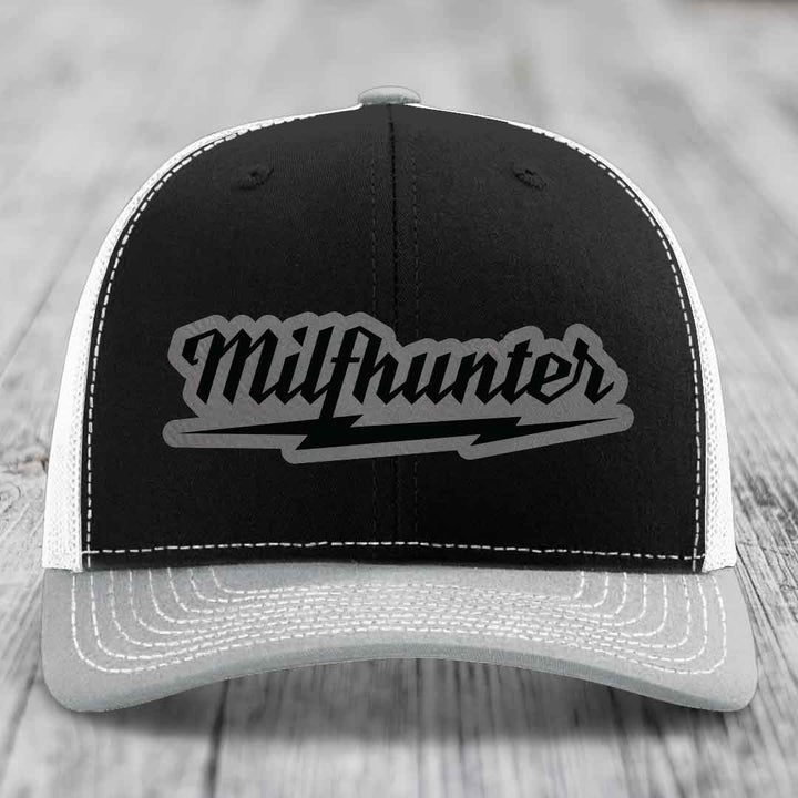 Milfhunter - Leather Patch Hat - Grey to Black Patch - Richardson 112 Snapback Trucker Hat
