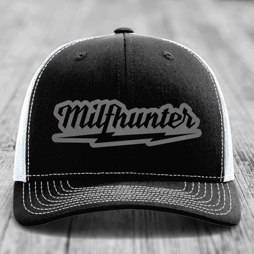 Milfhunter - Leather Patch Hat - Grey to Black Patch - Richardson 112 Snapback Trucker Hat