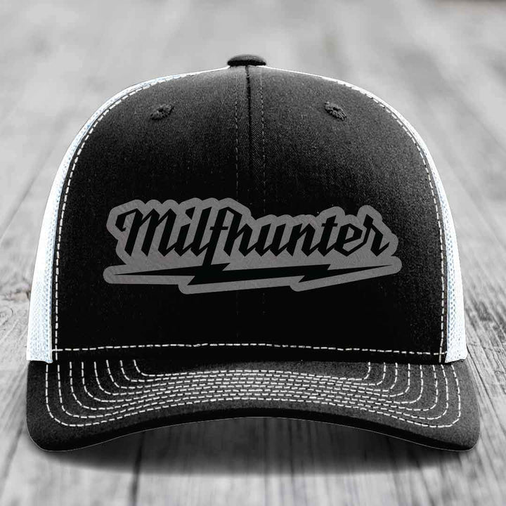 Milfhunter - Leather Patch Hat - Grey to Black Patch - Richardson 112 Snapback Trucker Hat