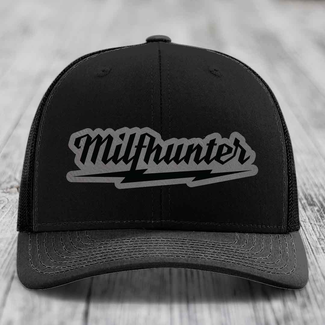 Milfhunter - Leather Patch Hat - Grey to Black Patch - Richardson 112 Snapback Trucker Hat