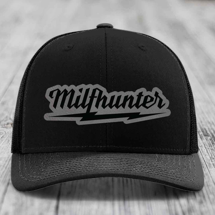 Milfhunter - Leather Patch Hat - Grey to Black Patch - Richardson 112 Snapback Trucker Hat