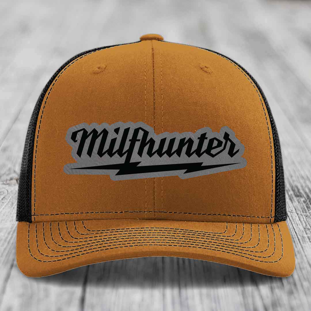 Milfhunter - Leather Patch Hat - Grey to Black Patch - Richardson 112 Snapback Trucker Hat