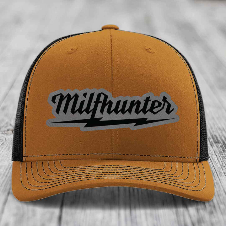 Milfhunter - Leather Patch Hat - Grey to Black Patch - Richardson 112 Snapback Trucker Hat