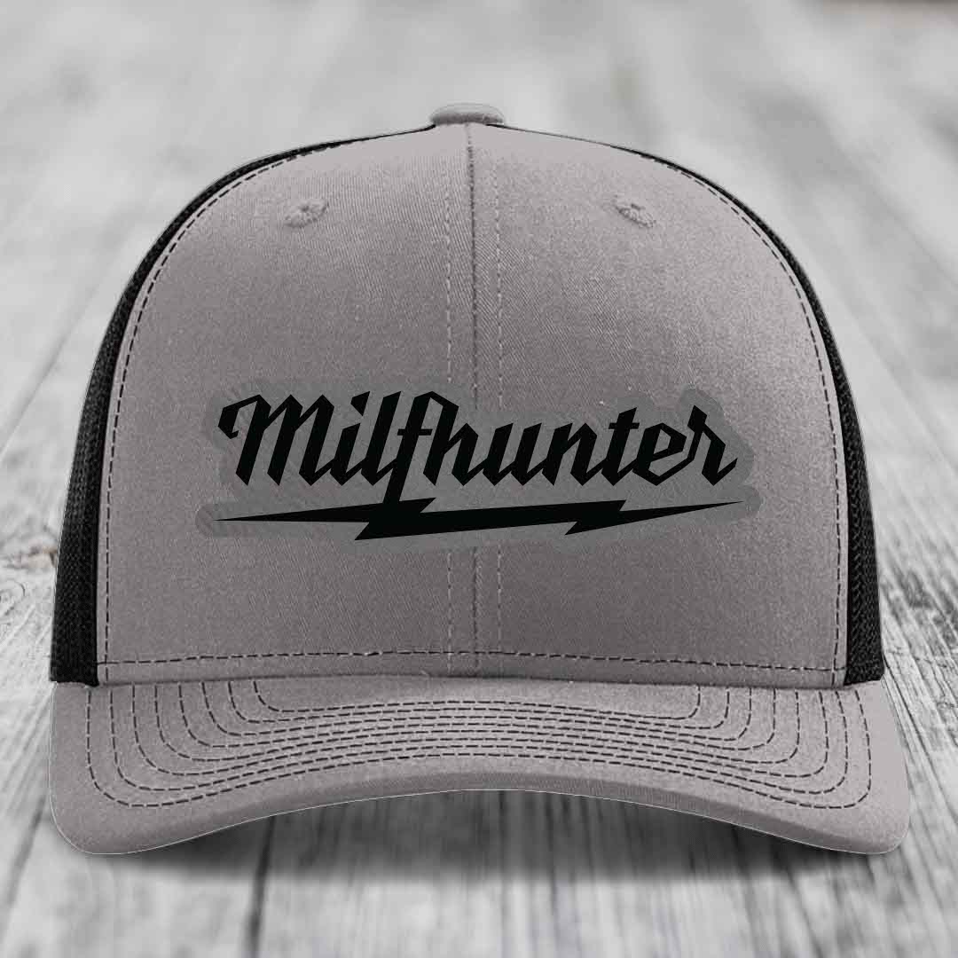 Milfhunter - Leather Patch Hat - Grey to Black Patch - Richardson 112 Snapback Trucker Hat