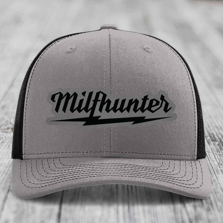 Milfhunter - Leather Patch Hat - Grey to Black Patch - Richardson 112 Snapback Trucker Hat