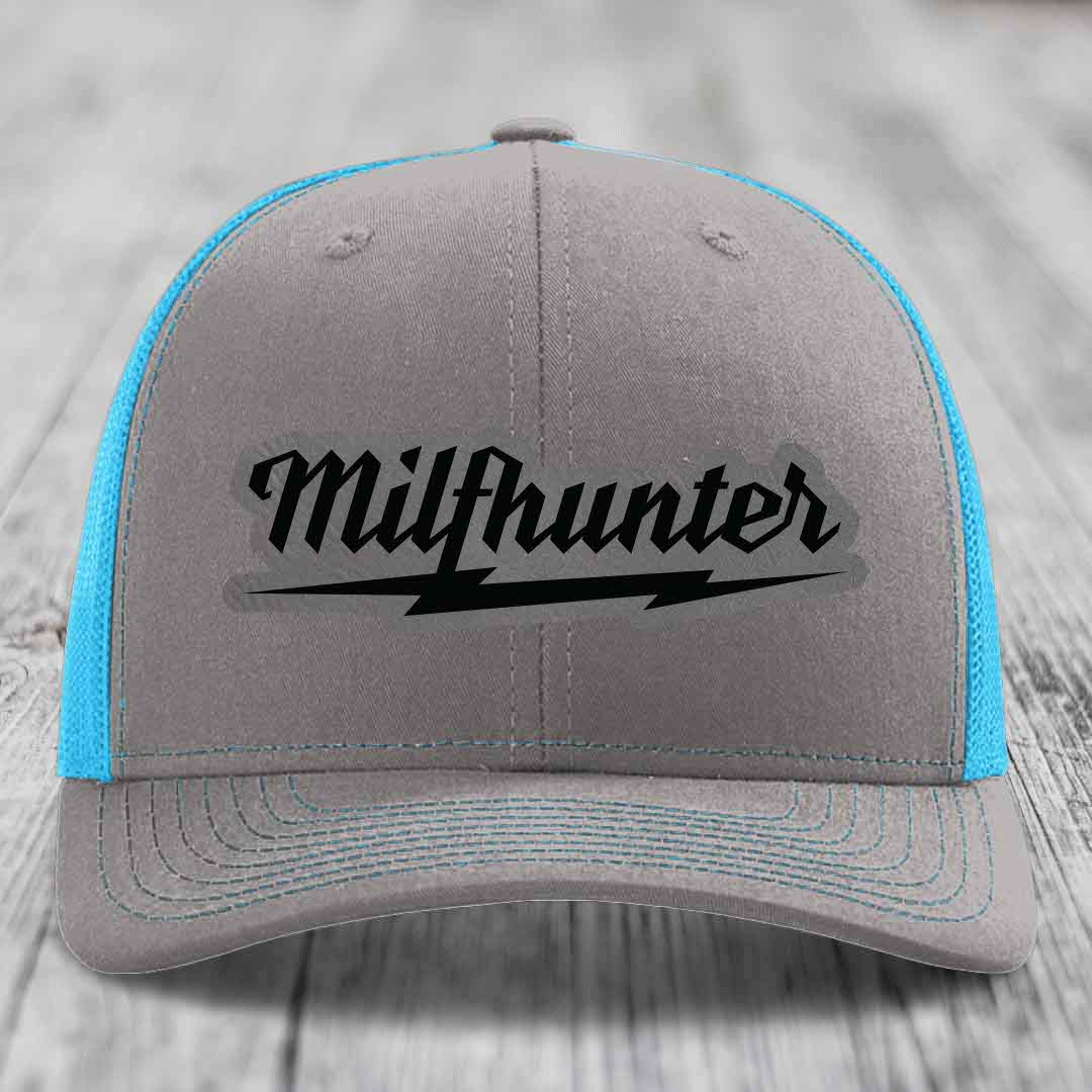 Milfhunter - Leather Patch Hat - Grey to Black Patch - Richardson 112 Snapback Trucker Hat