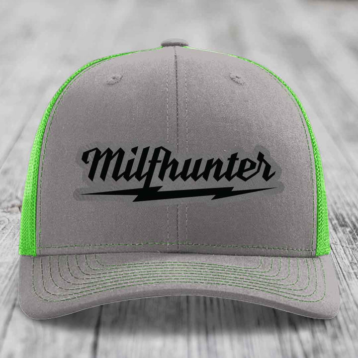 Milfhunter - Leather Patch Hat - Grey to Black Patch - Richardson 112 Snapback Trucker Hat