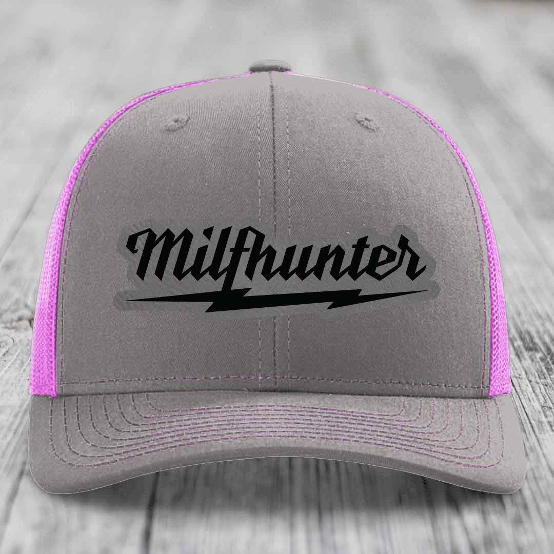 Milfhunter - Leather Patch Hat - Grey to Black Patch - Richardson 112 Snapback Trucker Hat